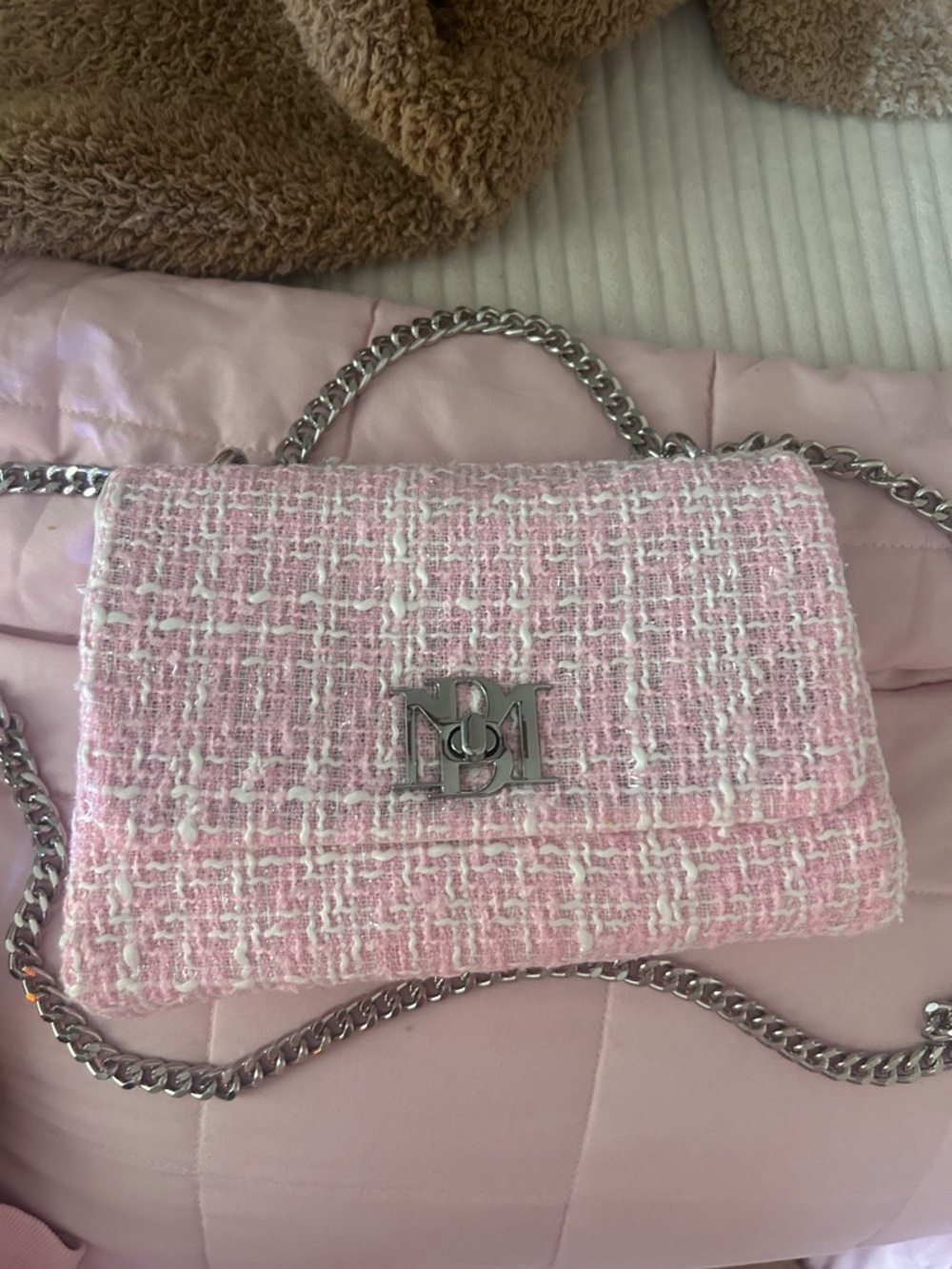 Pink Tweed Chain Shoulder Bag - Stylish Everyday Crossbody - BADGLEY MISCHKA